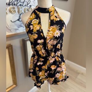 Band of Gypsies Black Floral Halter Romper with Yellow & Pink Flowers